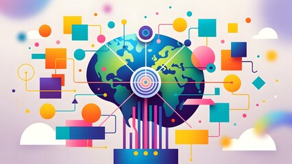 Vibrant digital globe at center with glowing concentric target rings, surrounded by floating colorful geometric blocks, connected nodes, lines, circles, and bars in rainbow hues on a soft cloudy backg