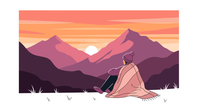 Woman Wrapped In Blanket Enjoying Mountain View At Sunset Calmness Solitude