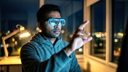 Young man using augmented reality glasses in home office at night