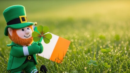 Leprechaun doll in green attire holding a four leaf clover and flag. Saint Patricks Day festive concept for greeting card.