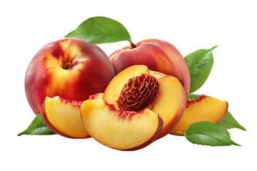 Fresh ripe nectarine with green leaves isolated on transparent background. Juicy ripe nectarines with leaves cut and whole isolated on white background.