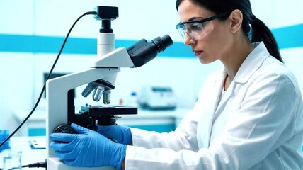 Female scientist using microscope in modern laboratory