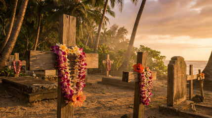 Wooden crosses decorated with colorful leis in a tropical graveyard at sunset. Pacific island funeral memorial rites and remembrance of loss.