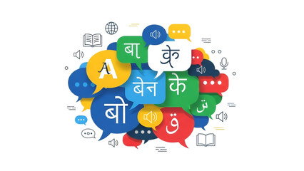 Speech bubbles with foreign characters and symbols represent communication and language diversity.