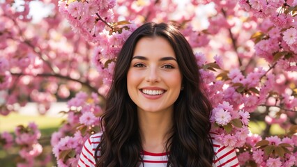 Fototapeta premium Happy young woman smiling among pink cherry blossoms. Spring portrait of a brunette female in a striped shirt. Sakura flower background