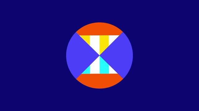 A circular frame is divided into four geometric quadrants of orange and white and blue to create a balanced abstract symbol of direction and systematic organization in this graphic