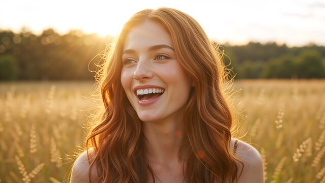 Happy young redhead woman smiling in a sunny field at sunset. Portrait of a laughing female with wavy ginger hair in a meadow during golden hour. Carefree summer lifestyle concept