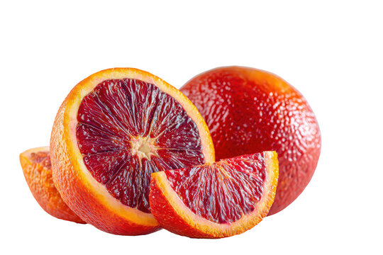 Whole and sliced blood oranges isolated on transparent background. Blood orange slices and whole fruit isolated on white background.