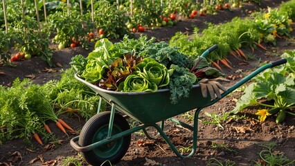 Fresh harvest of leafy greens in a green wheelbarrow. Organic vegetables in a productive garden setting. Homegrown produce and gardening concept