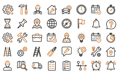 Maintenance, Scheduling and Location Line Icon Vector Set, maintenance icons, tool icons, repair icons, calendar icons, clock icons, schedule icons, location pin icons, map marker icons, 