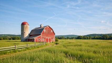Obraz premium A traditional red barn and silo in a rural farm landscape. Idyllic countryside scene with a grassy field under a sunny blue sky. American agriculture concept