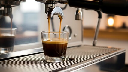 Espresso machine dispensing fresh, rich coffee into a shot glass, bean nearby