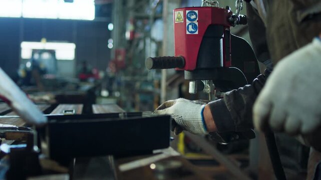 Closeup to the camera in the manufacture blacksmith fixing the heavy machine to start his metalwork