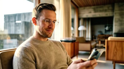 Smiling mid adult man using smartphone in modern living room