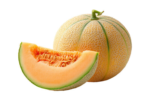 Fresh cantaloupe melon slice and whole fruit isolated on transparent background. Cantaloupe melon with a slice fresh fruit isolated on white background.