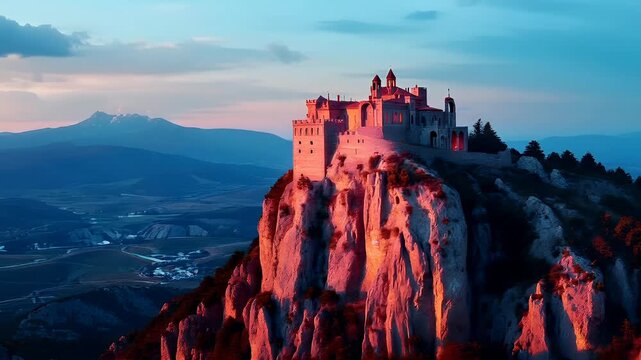 A vivid portrayal of a castle perched atop a rocky outcrop during sunset. The castle is bathed in a warm, reddish hue, contrasting with the cool blues and purples of the evening sky.