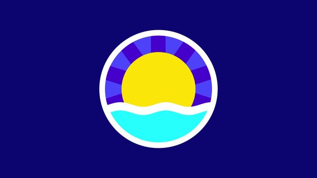 A yellow sun over blue ocean waves framed by a thick white border creates a classic beach or coastal emblem that feels refreshing and very summery for a tropical vacation theme