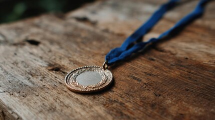 Round pendant necklace with a blue cord. the pendant is made of metal and has a circular shape with a textured surface. it appears to be made of a silver or gold-colored metal.