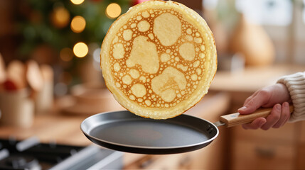 close up of a pancake being flipped in a frying pan during home cooking, showing simple food preparation and cozy kitchen atmosphere