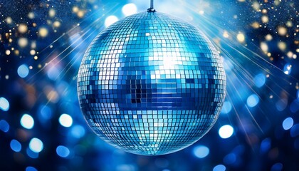 vibrant blue disco ball reflecting light against a deep blue sparkling background with circular bokeh effects creating a lively atmosphere