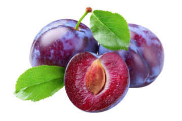Fresh ripe plums with leaves isolated on transparent background. Ripe plum with leaf and cut half isolated on white background.