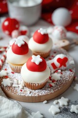 Swiss patriotic cupcakes with festive glaze. Homemade biscuits decorated in red and white colors and small national flag for celebration