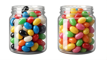 Two glass jars filled with colorful jelly beans on transparent background