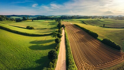 Obraz premium aerial view of rural farming landscape with fields hedgerows and dirt road