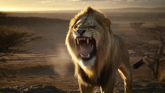 Majestic male lion roaring on African savanna kopje at sunrise with golden mane and powerful expression