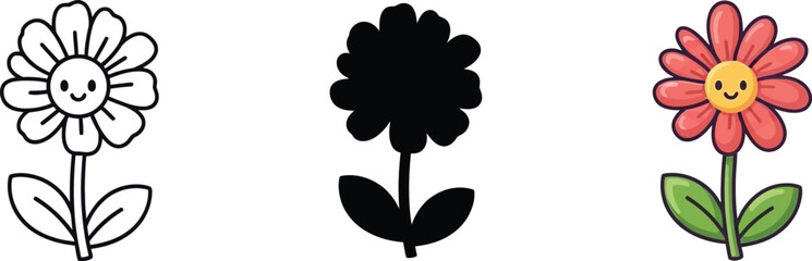 A delightful collection of cartoon flower illustrations showcasing outline, silhouette, and vibrant color styles