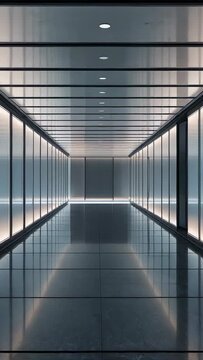 Vertical video: Rolling camera pushing forward in office skybridge showing LED base and reflections