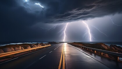 lightning strike over a stormy ocean road