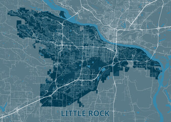 Map of Little Rock, Arkansas. The city's boundaries are marked in a darker teal, contrasting with the lighter teal background representing the surrounding areas.
