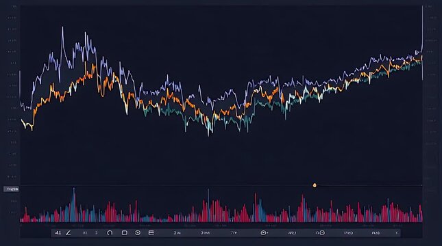 A line graph displays multiple colored lines on a black background with a smaller graph below