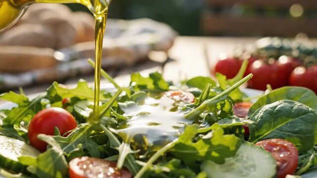 Extra virgin olive oil pours, good fats for anti inflammation diet, slow zoom in shows fresh vegetable salad dressing