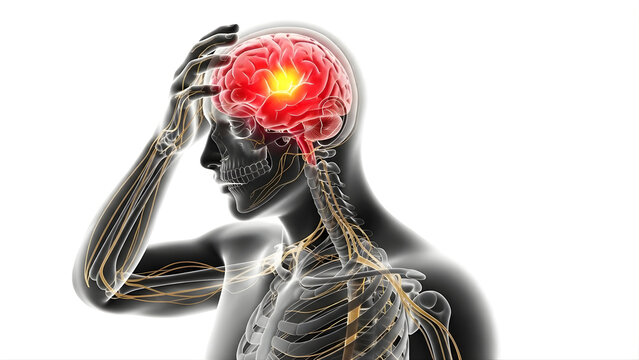 A person experiencing a headache with a highlighted brain on transparent background
