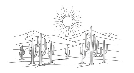 Obraz premium Cacti Desert Landscape with Sun Illustration.