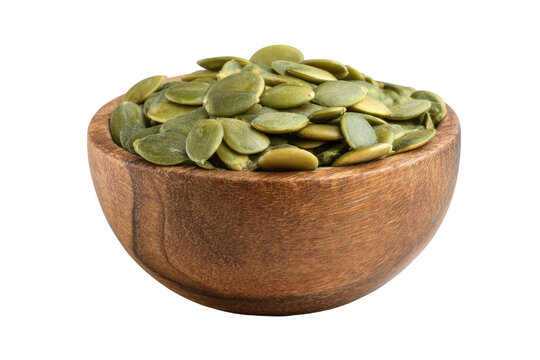 Wooden bowl filled with roasted pumpkin seeds isolated on transparent background. Pumpkin seeds in a wooden bowl healthy snack isolated on white background.