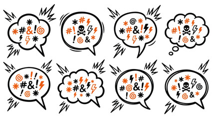 Comic Censored Speech and Thought Bubble Icon Vector Set, censored speech bubbles, comic swearing symbols, cartoon expletive icons, angry expression graphics, symbolic curse bubbles,  © TalalAhmad