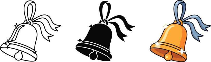 Festive bell illustrations featuring outline, silhouette, and colored versions with ribbon