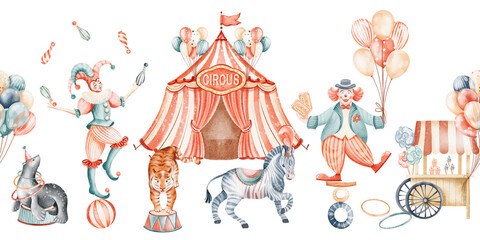 Seamless watercolor circus border with performers and carnival animals. Hand painted pattern with tiger, clown, tent and balloons. For kids birthday cards, baby shower invitations, nursery design. © Elena