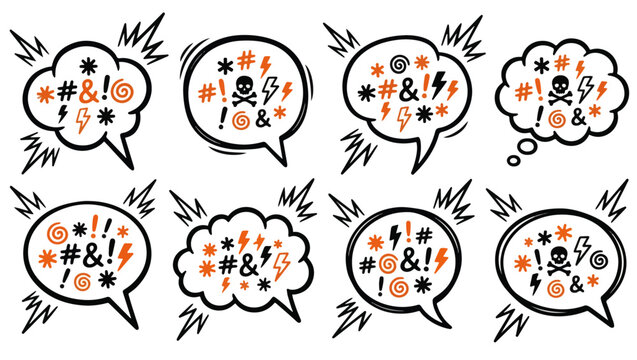 Comic Censored Speech and Thought Bubble Icon Vector Set, censored speech bubbles, comic swearing symbols, cartoon expletive icons, angry expression graphics, symbolic curse bubbles, 