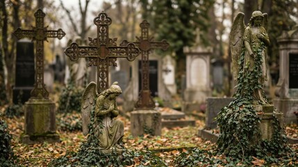 Fototapeta premium Old graveyard with angel and cross gravestones overgrown with ivy in autumn. Concept of loss, grief, and remembrance for memorial service.