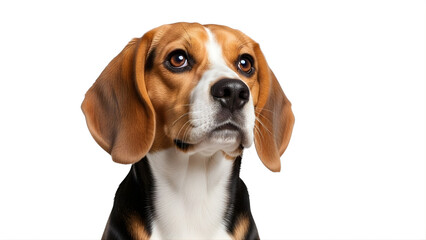 A curious beagle dog looking up with big brown eyes on transparent background