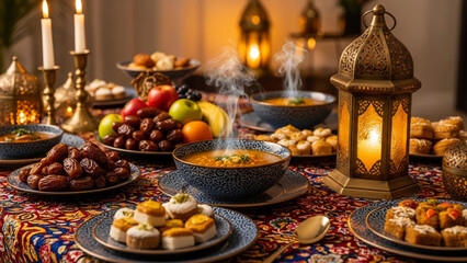 Naklejka premium Steaming lentil soup bowl, dates, fruit, and sweets at an Iftar dinner scene. Traditional food for Ramadan fasting break.