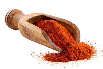 Wooden scoop filled with red chili powder isolated on transparent background. Paprika powder spilling from wooden scoop isolated on white background.