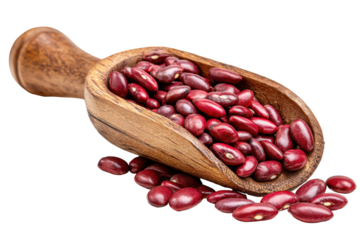 Wooden scoop filled with red kidney beans isolated on transparent background. Red kidney beans in wooden scoop healthy ingredient isolated on white background.