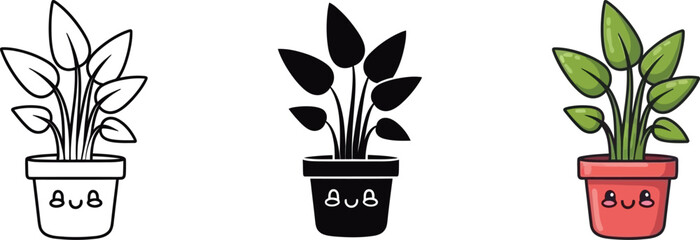 Cute potted houseplant vector illustration in outline, silhouette, and color styles
