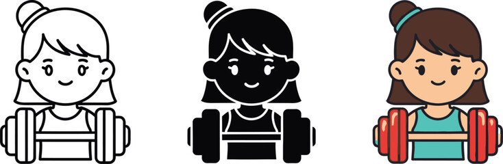 A cartoon girl lifting a dumbbell in outline, silhouette, and colored graphic styles