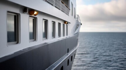 Naklejka premium Close-up of the side of a large cruise ship. the ship is white and grey in color and has multiple windows on the side.